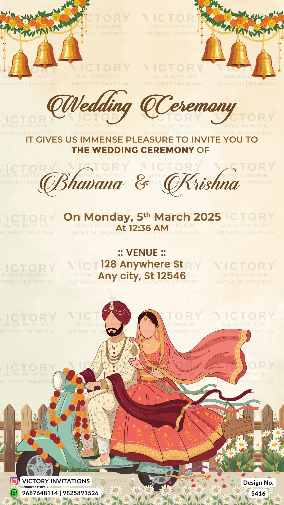 A digital template of a traditional Indian wedding invitation card featuring a 'Wedding Ceremony' theme. The design has a warm beige background with a repeating watermark of 'VICTORY INVITATIONS'.