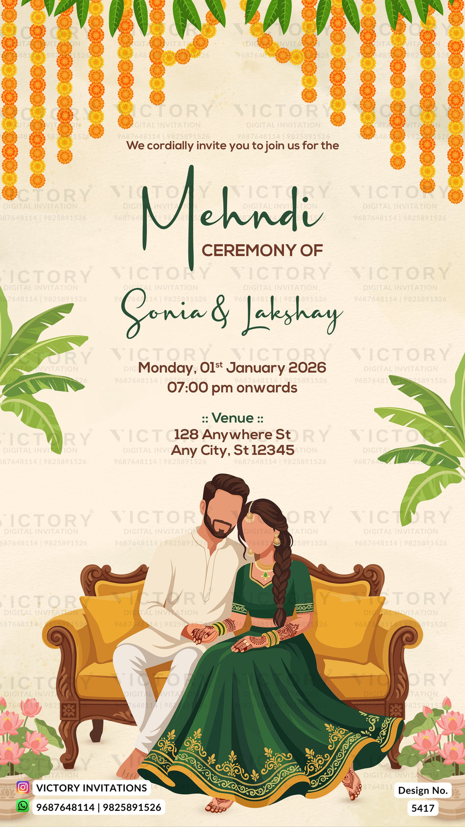Mehendi ceremony invitation card in english language with couple on royal sofa and marigold garlands theme design 5417