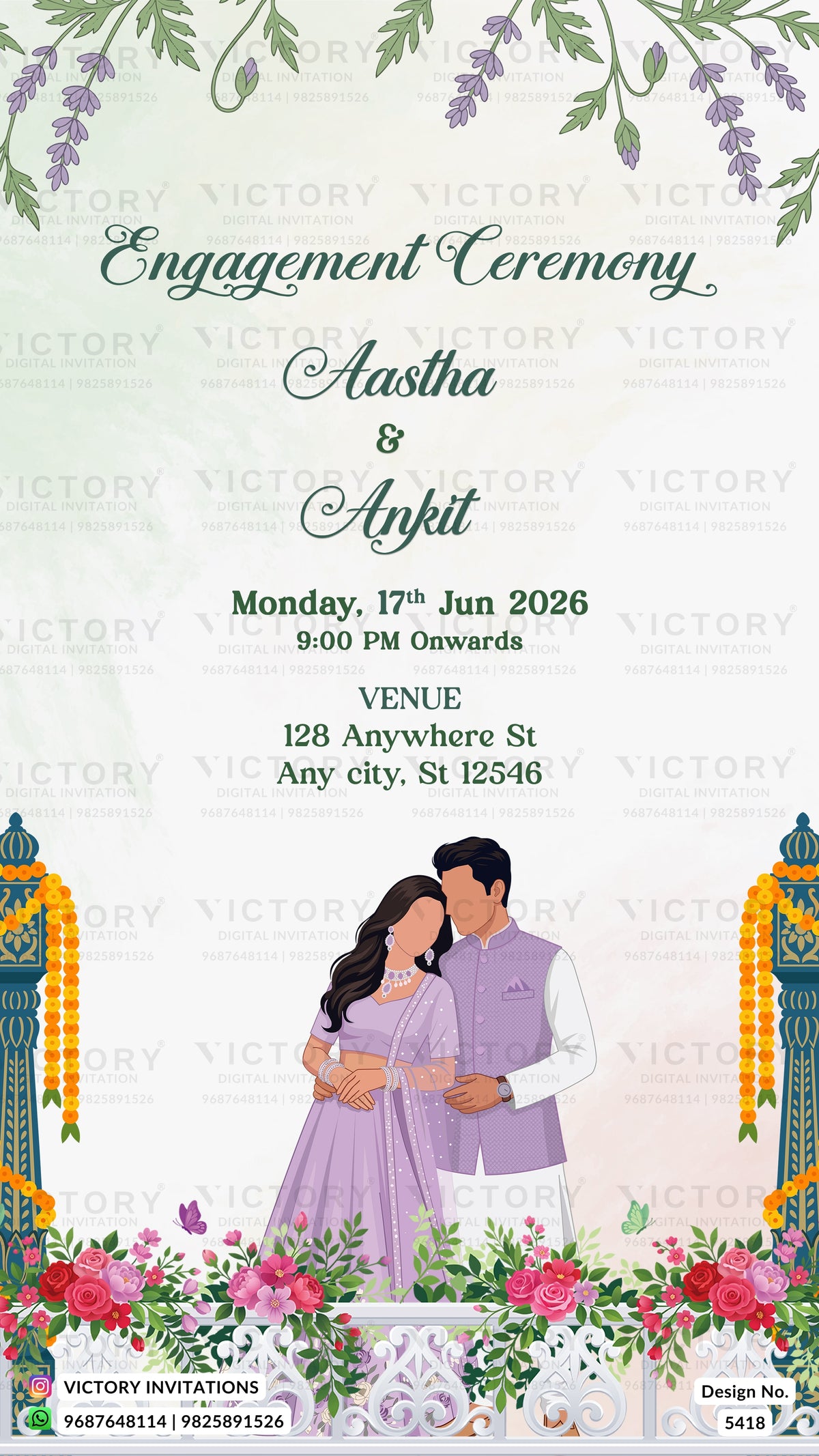 Engagement ceremony invitation card featuring a couple in traditional Indian attire, surrounded by floral borders, hanging garlands, and decorative greenery. The text reads 'Engagement Ceremony Aastha & Ankit' with event details below on a light cream background with a subtle watermark pattern.