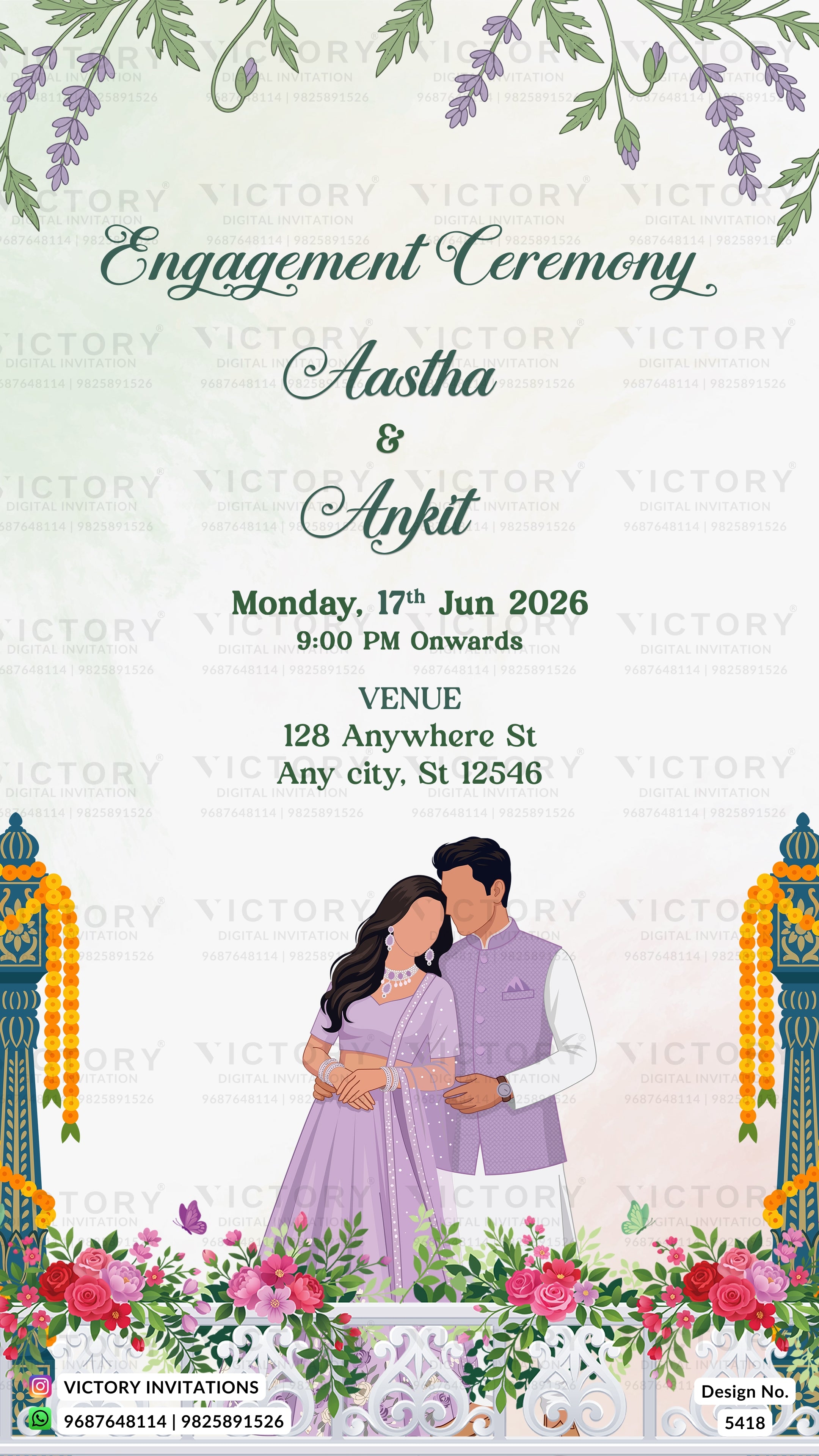Engagement ceremony invitation card featuring a couple in traditional Indian attire, surrounded by floral borders, hanging garlands, and decorative greenery. The text reads 'Engagement Ceremony Aastha & Ankit' with event details below on a light cream background with a subtle watermark pattern.