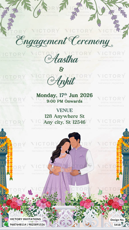 Engagement ceremony invitation card featuring a couple in traditional Indian attire, surrounded by floral borders, hanging garlands, and decorative greenery. The text reads 'Engagement Ceremony Aastha & Ankit' with event details below on a light cream background with a subtle watermark pattern.