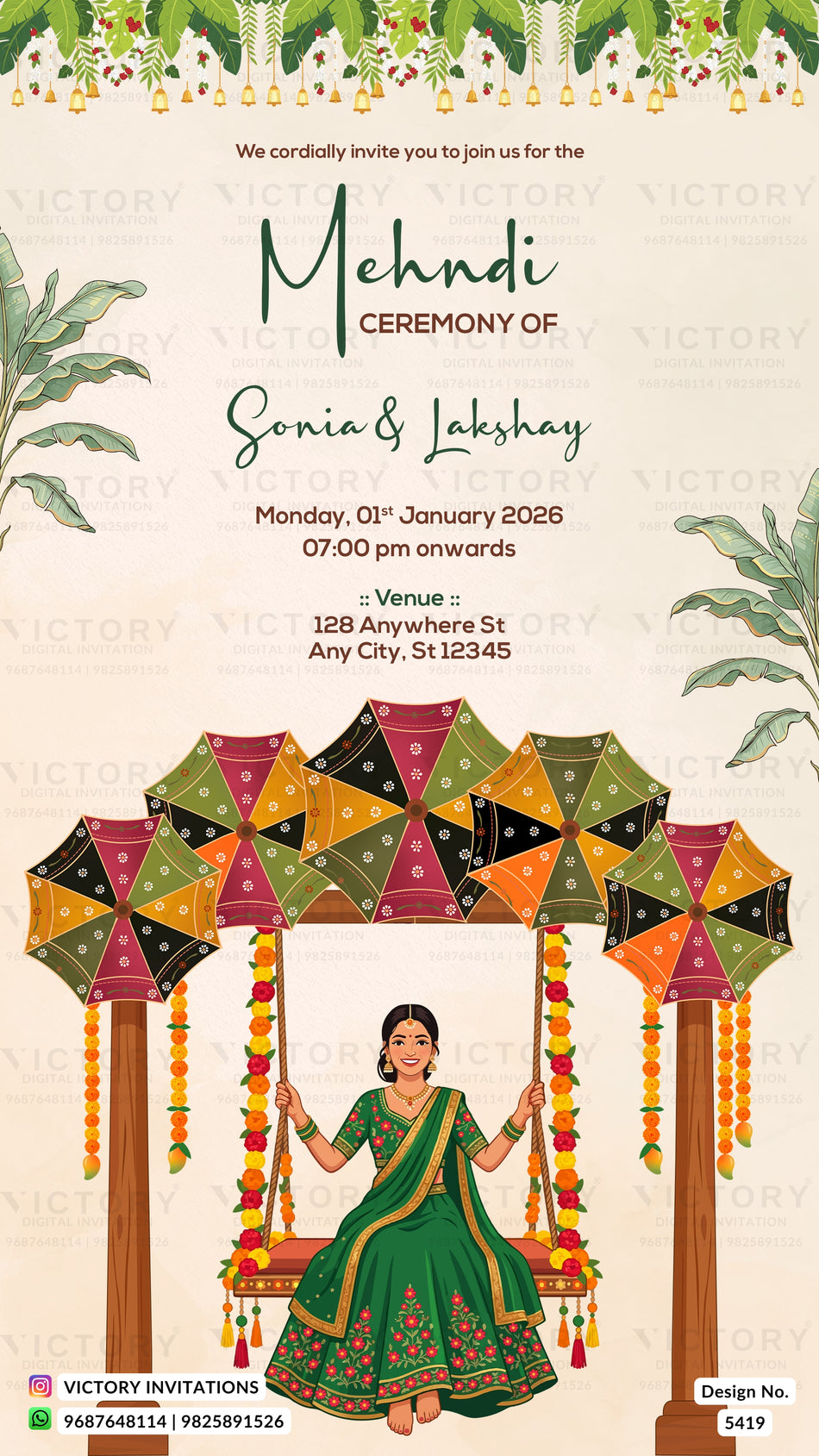 Mehendi ceremony invitation card in english language with umbrella swing and marigold garlands theme design 5419