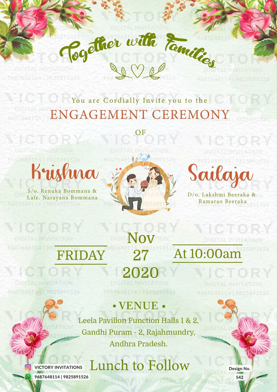 Engagement ceremony invitation card in english language with leaves, couple doodle as floral theme design 542