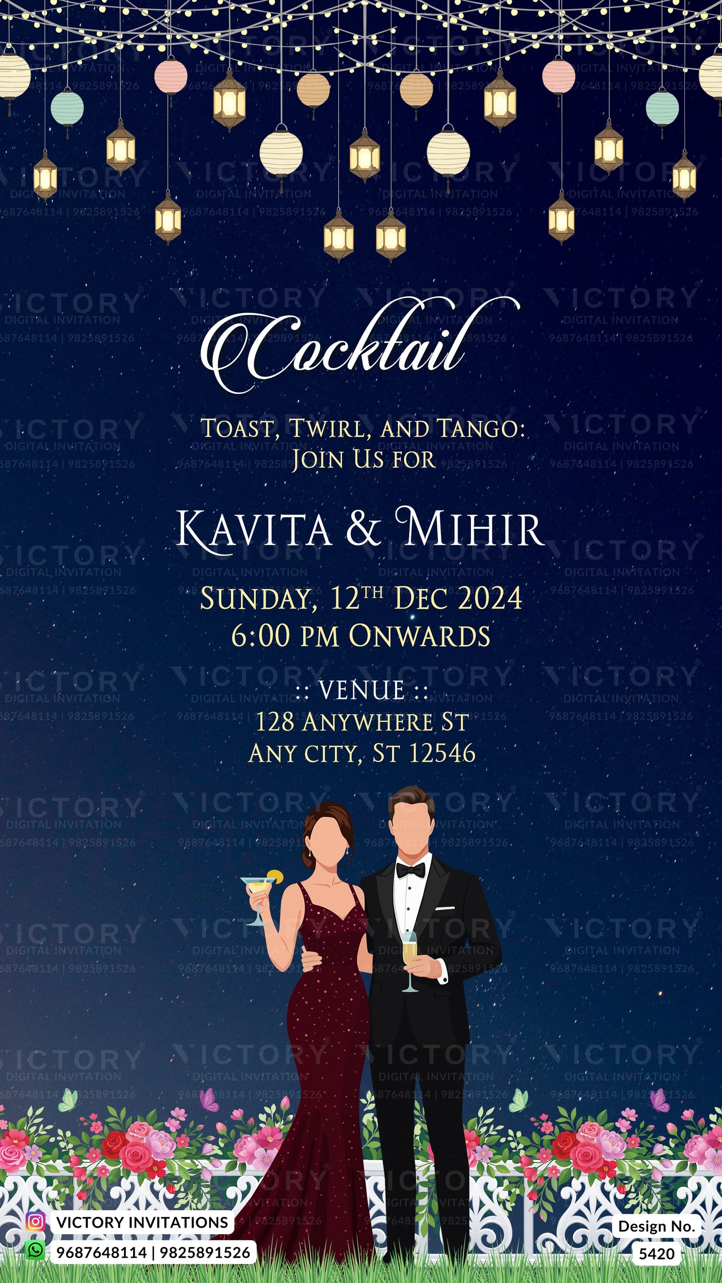 A digital preview of a wedding cocktail invitation card featuring a navy blue background with hanging string lights, a couple illustration at the bottom, and white text detailing the event for Kavita & Mihir on Sunday, 12th Dec 2024.