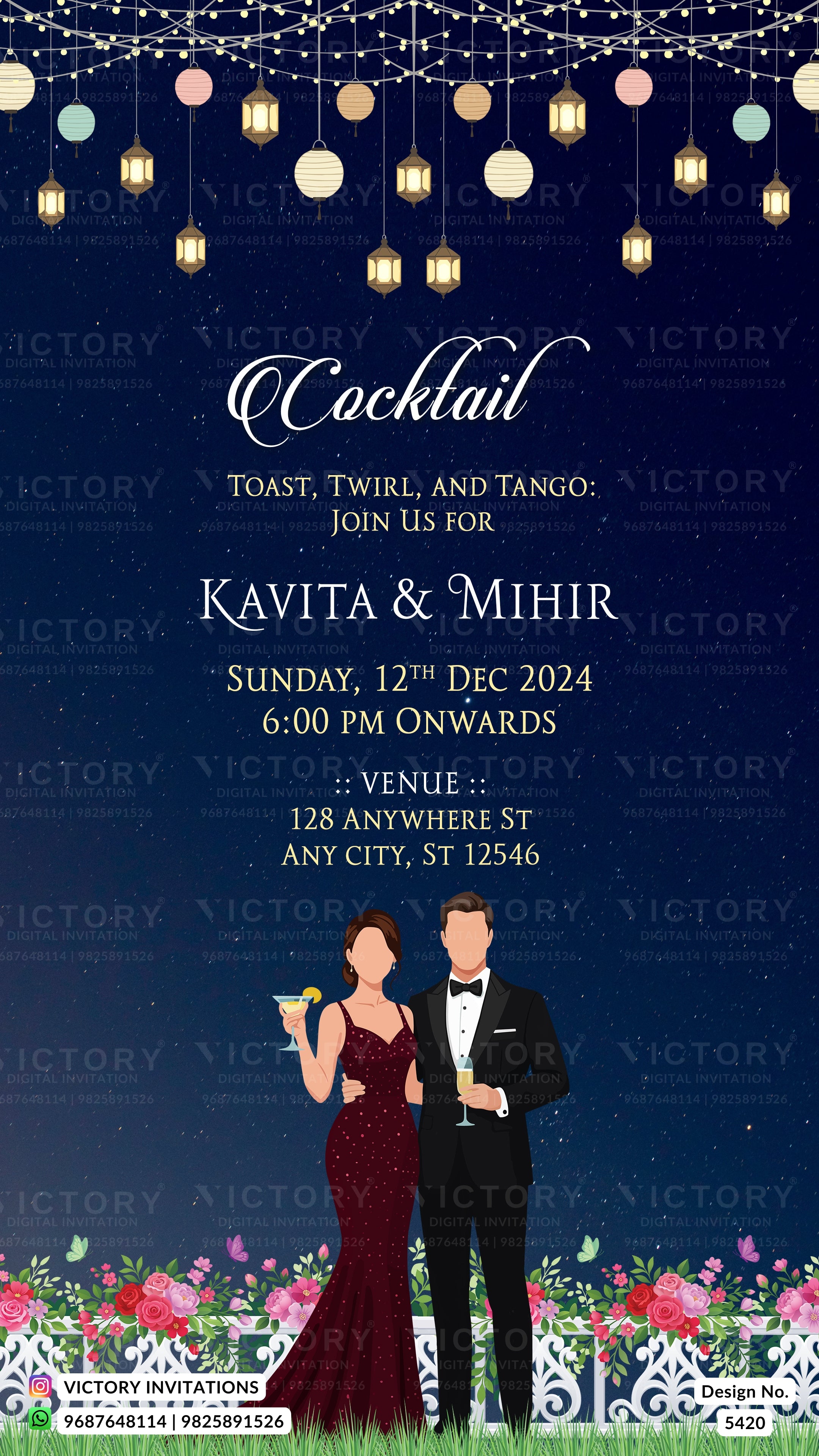 A digital preview of a wedding cocktail invitation card featuring a navy blue background with hanging string lights, a couple illustration at the bottom, and white text detailing the event for Kavita & Mihir on Sunday, 12th Dec 2024.