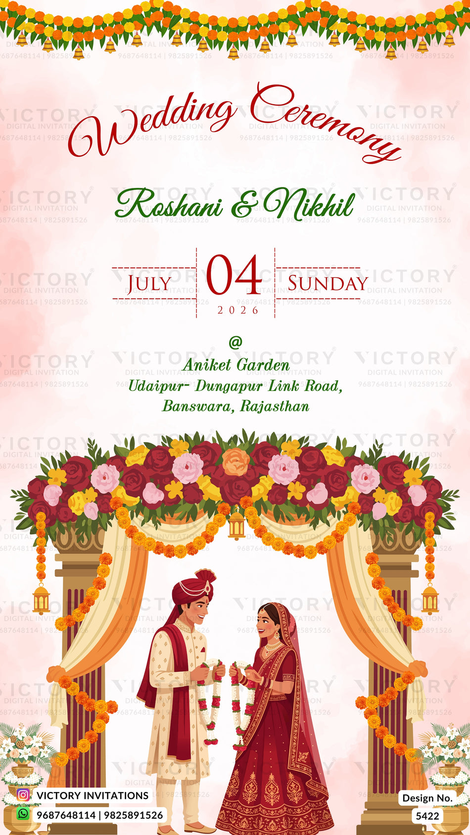 Wedding ceremony invitation card of hindu indian family in english language with floral arch varmala theme design 5422