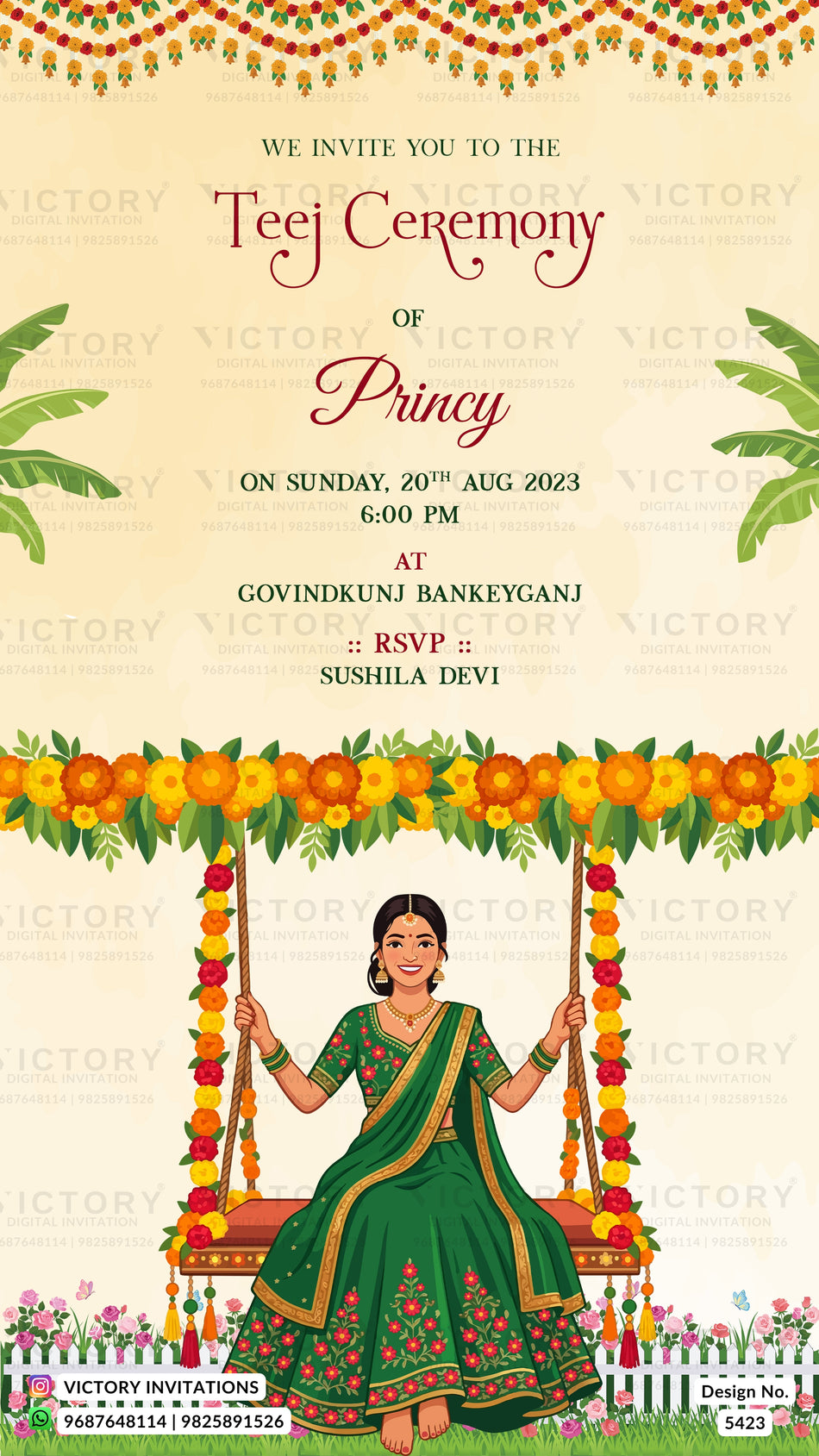 Teej Ceremony invitation card in english language with Woman on Floral Swing theme design 5423