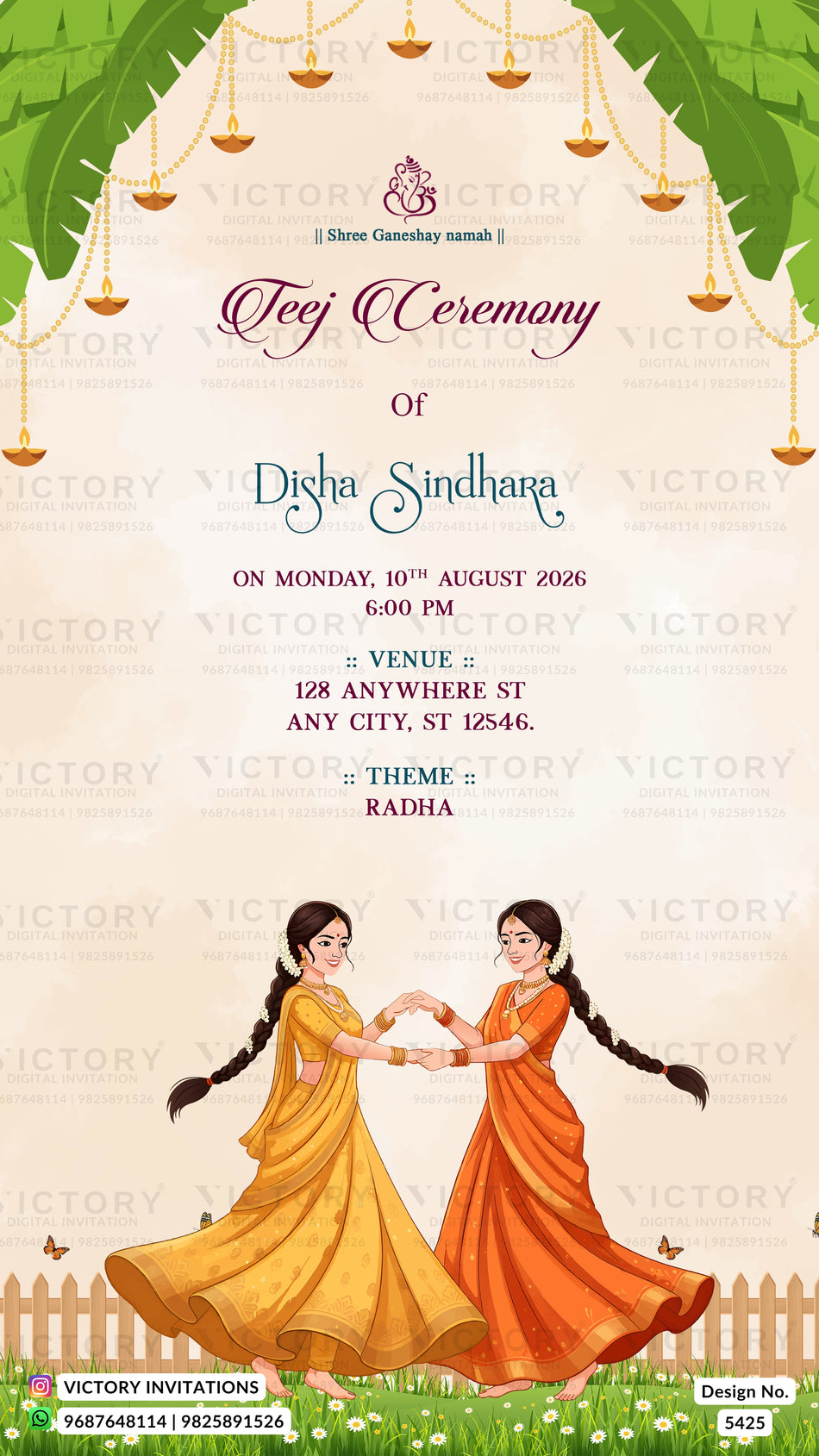 Teej Ceremony invitation card in english language with dancing women and banana leaves arch theme design 5425