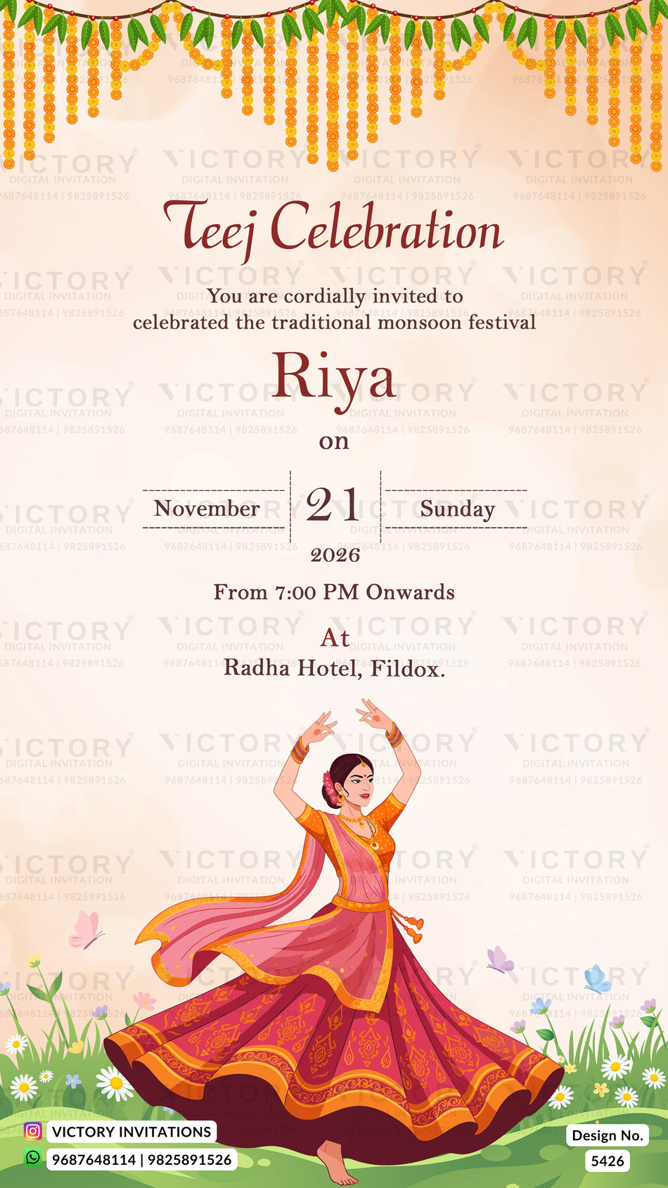Teej Ceremony invitation card in english language with solo dancing woman and marigold toran theme design 5426