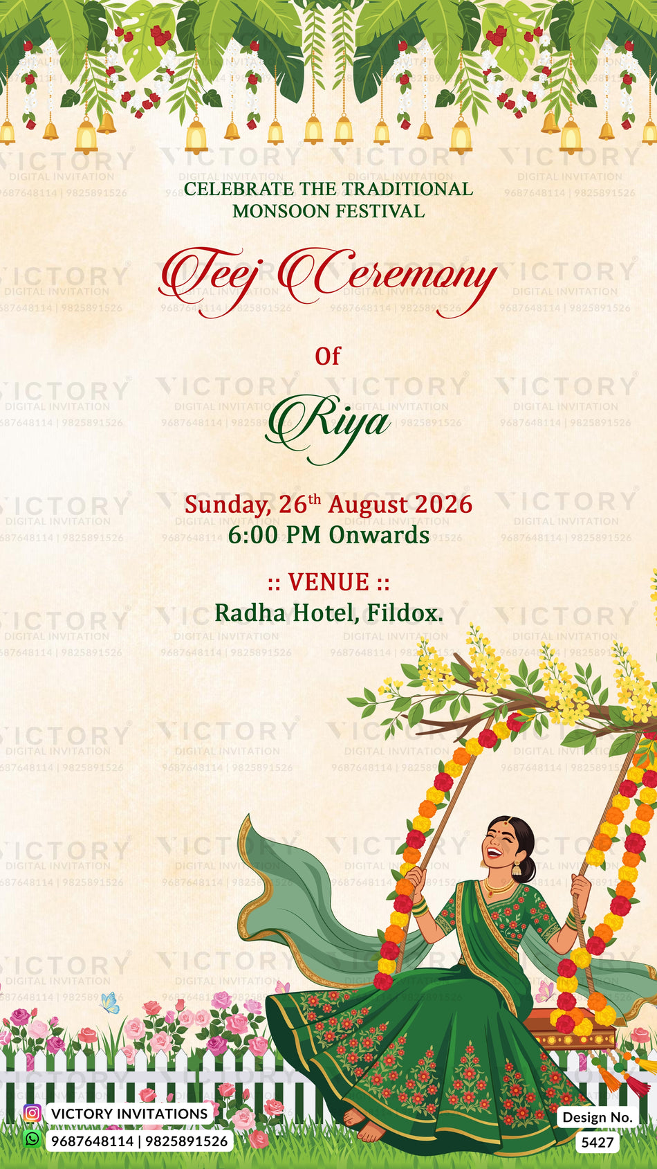 Teej Ceremony invitation card in english language with woman on floral swing and golden bells theme design 5427