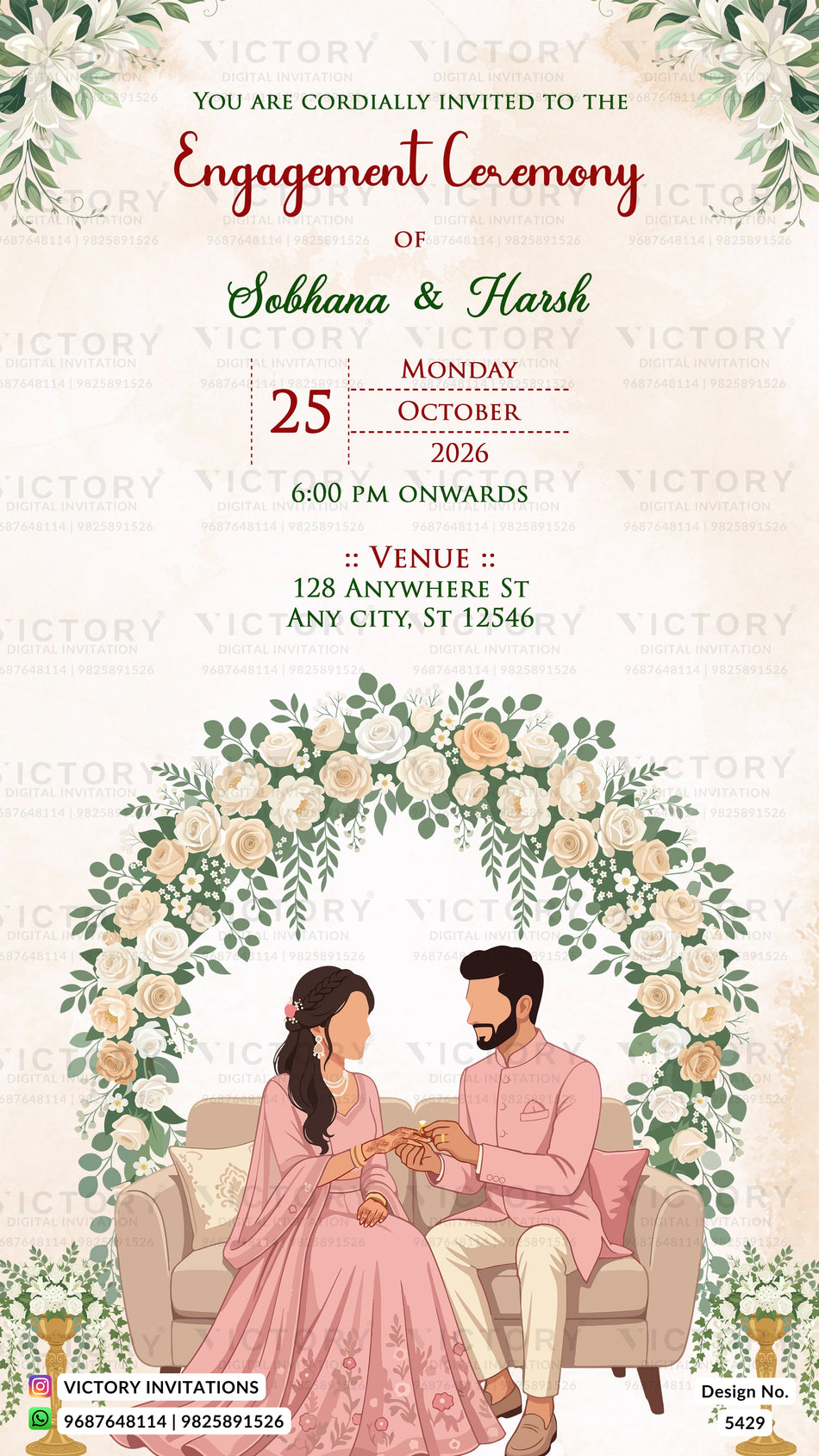 Engagement ceremony invitation card in english language with ring exchange couple doodle and white rose arch theme design 5429