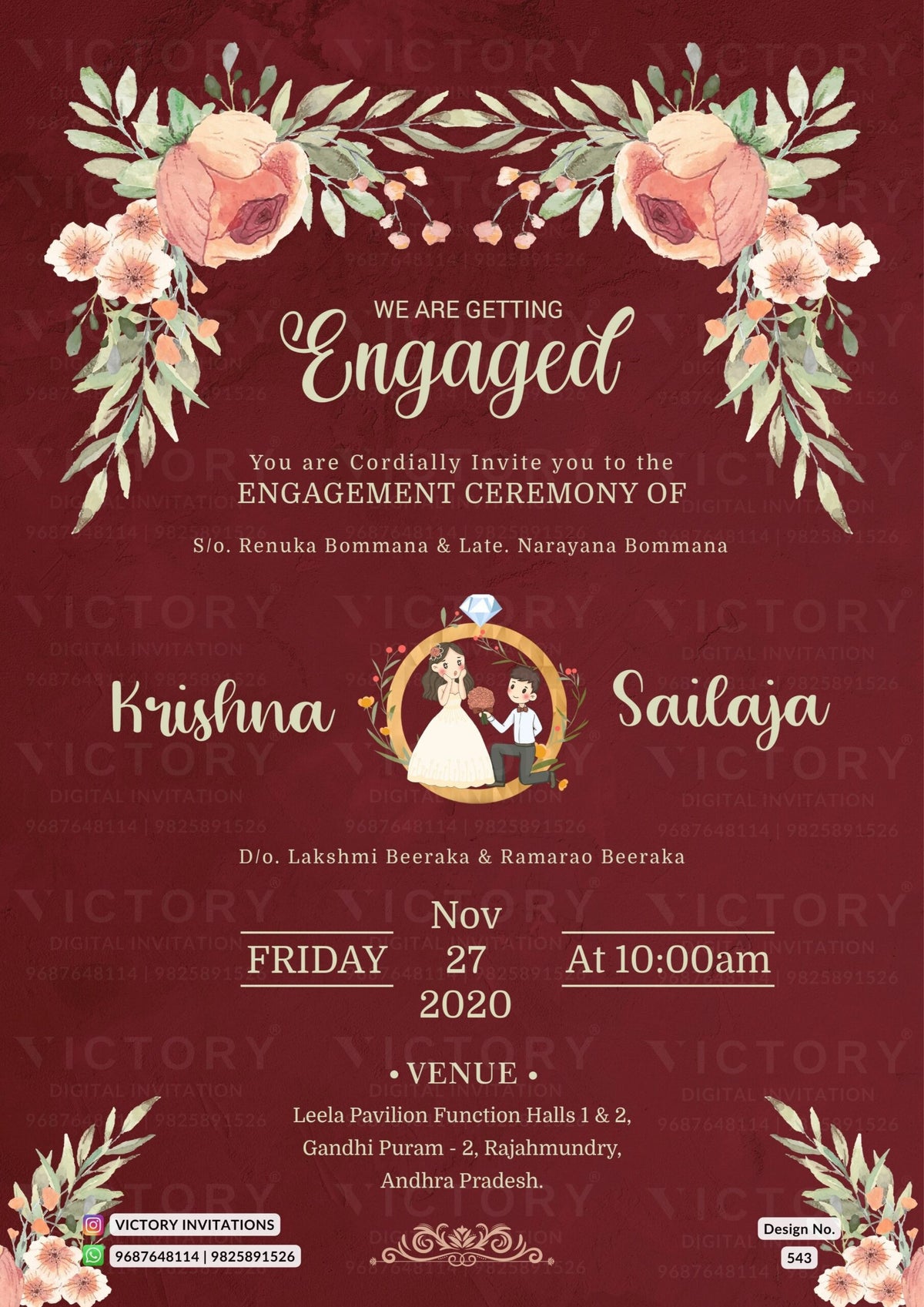Engagement ceremony invitation card in english language with flowers, leaves as minimalistic theme design 543