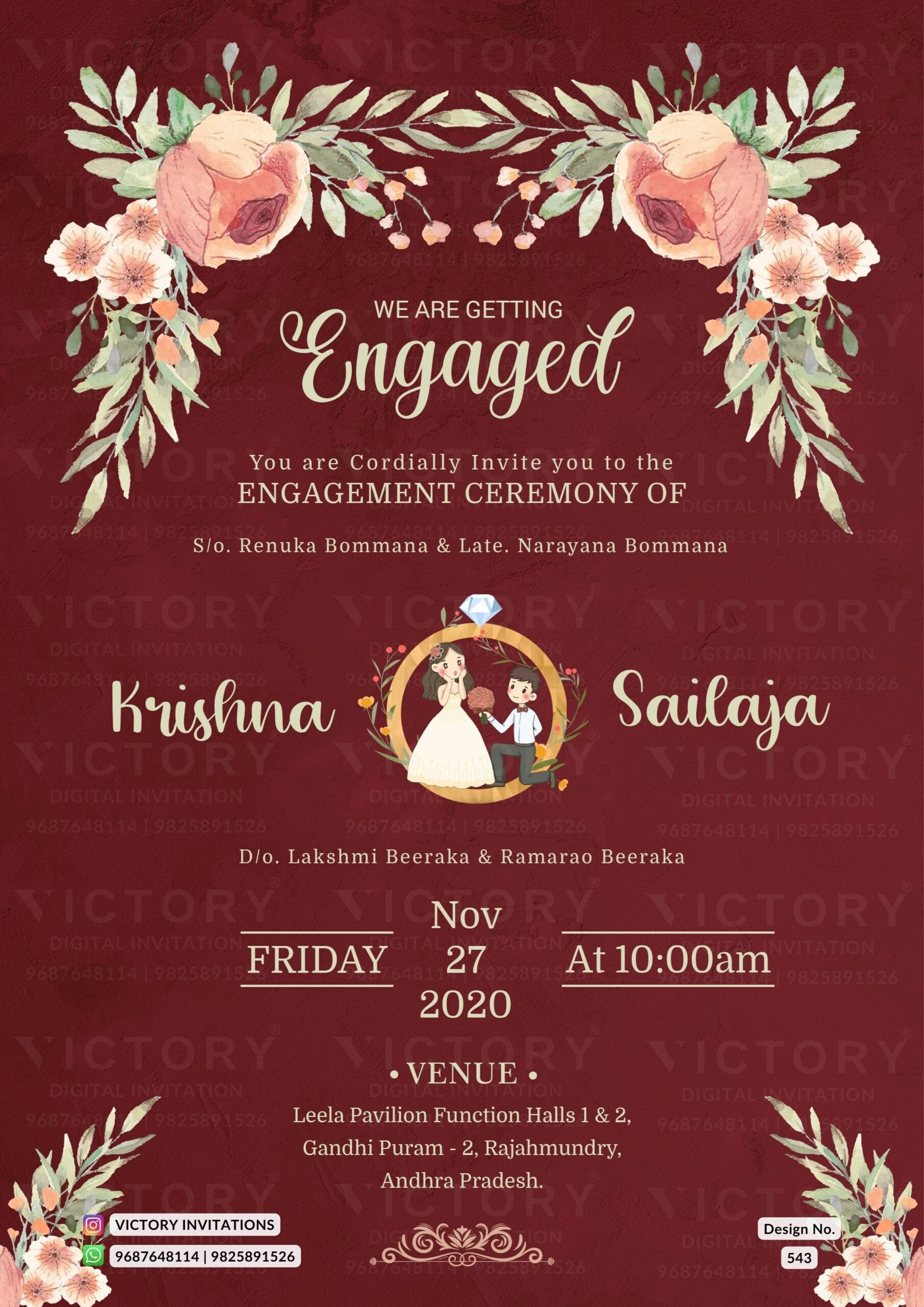 Engagement ceremony invitation card in english language with flowers, leaves as minimalistic theme design 543