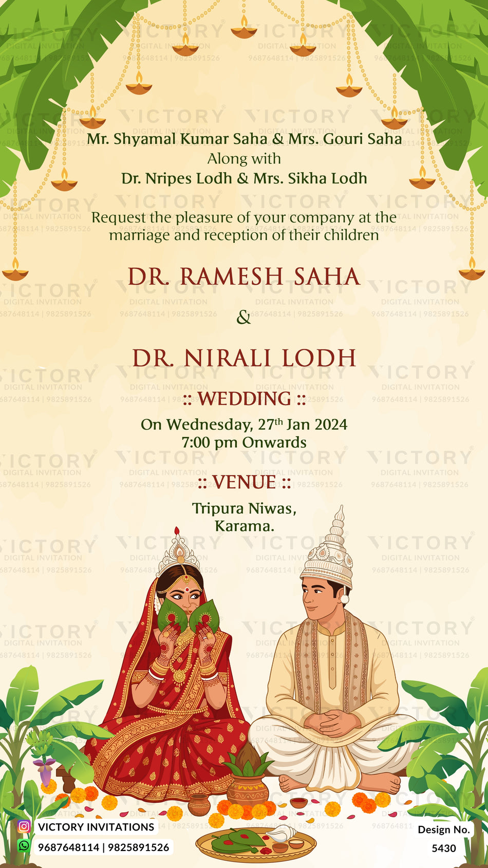 Wedding ceremony invitation card of hindu Bengali Hindu Family in english language with bride groom doodle and banana leaves arch theme design 5430