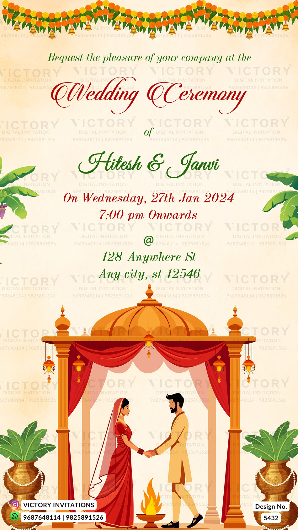 Wedding ceremony invitation card of Hindu Family in english language with mandap pheras couple and marigold toran theme design 5432