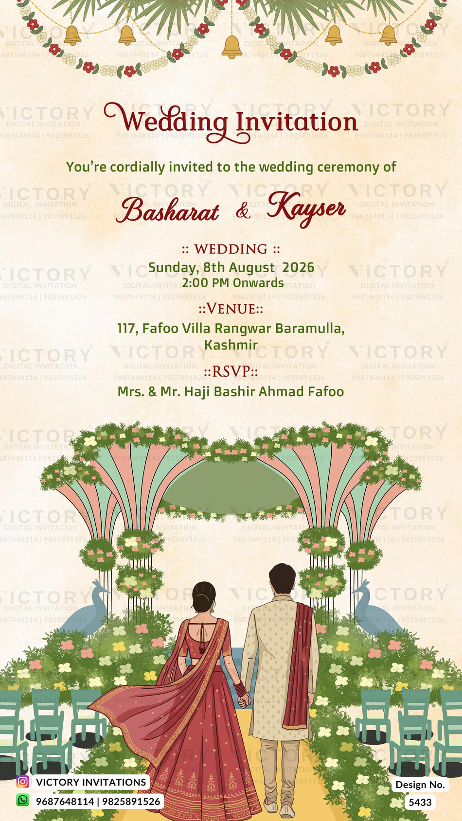 Wedding ceremony invitation card of Hindu Family in english language with floral arch aisle and couple doodle theme design 5433