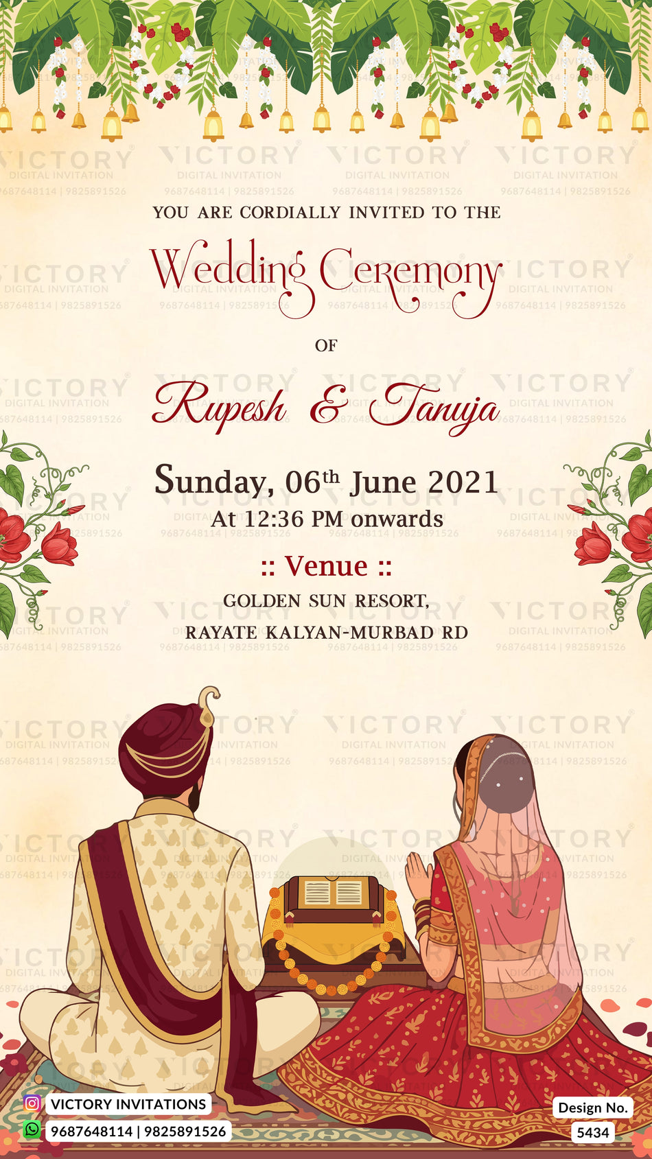 Wedding ceremony invitation card of hindu Sikh & Hindu family in english language with seated prayer couple doodle and golden bells theme design 5434