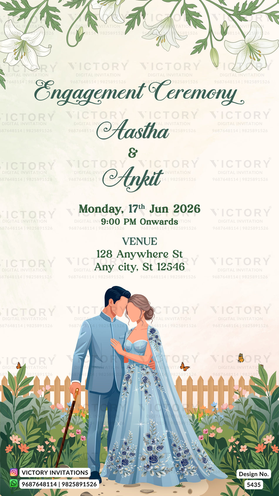 Engagement ceremony invitation card in english language with Modern Romantic Garden theme design 5435