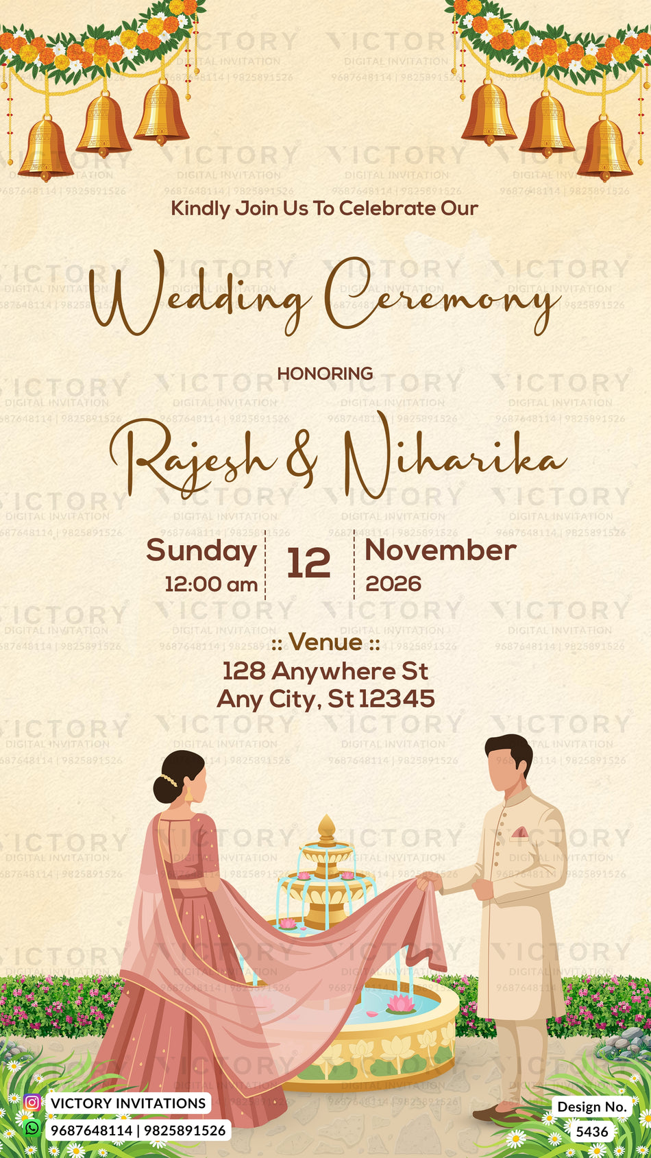 Wedding ceremony invitation card of hindu Sikh & Hindu family in english language with couple doodle and lotus fountain garden theme design 5437