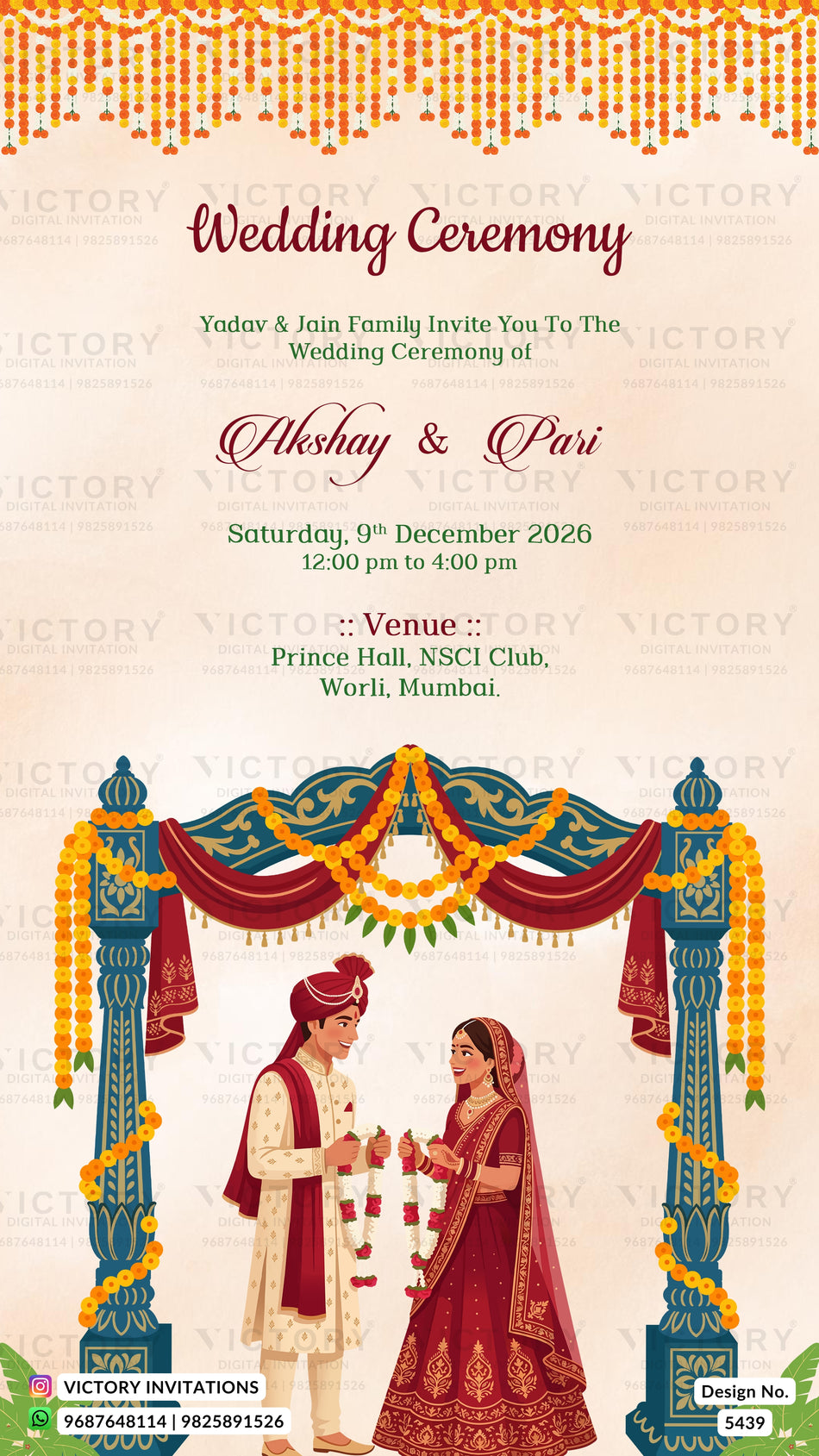 Wedding ceremony invitation card of  Hindu family in english language with varmala couple doodle and blue carved arch theme design 5439