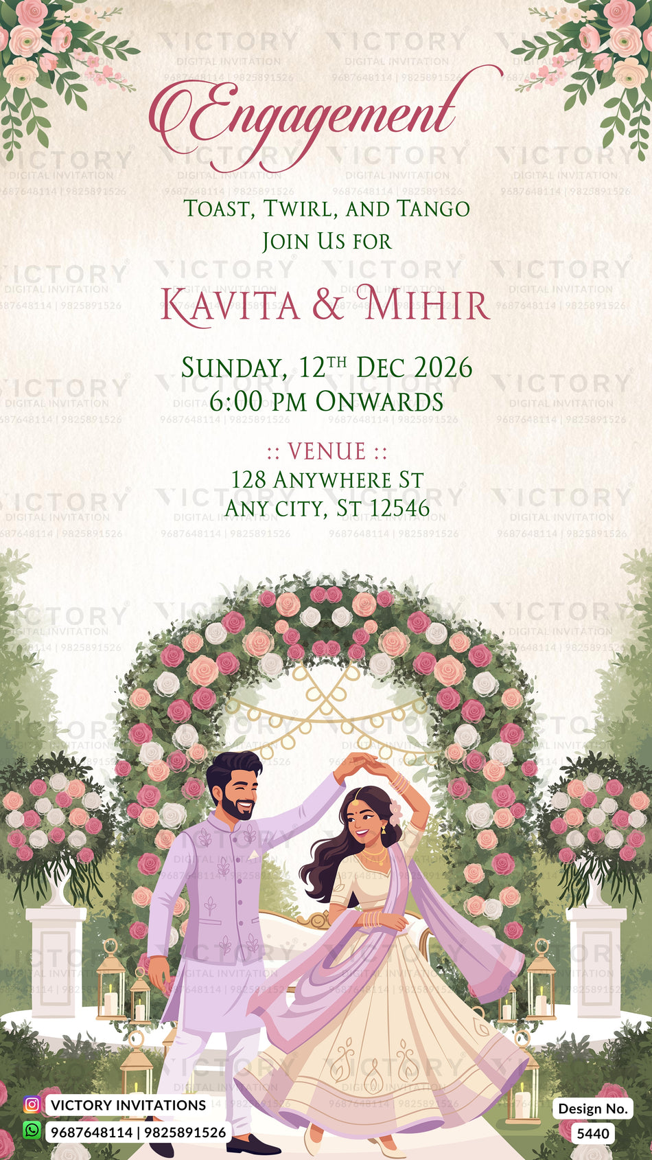 Dancing couple caricature invitation card for Engagement ceremony in English language with Dancing Couple Caricature & Rose Arch Floral theme design 5440