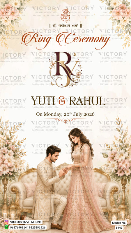 A digital Indian wedding ring ceremony invitation card featuring a romantic illustration of a couple seated on an ornate sofa surrounded by pink floral arrangements. The text reads 'Ring Ceremony', 'YUTI & RAHUL', and 'On Monday, 20th July 2026' in elegant fonts.