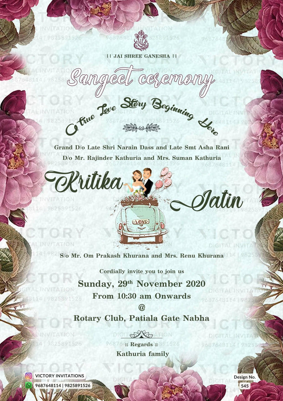 Sangeet Sandhya Ceremony invitation card in english language with flowers, couple doodle as floral theme design 545