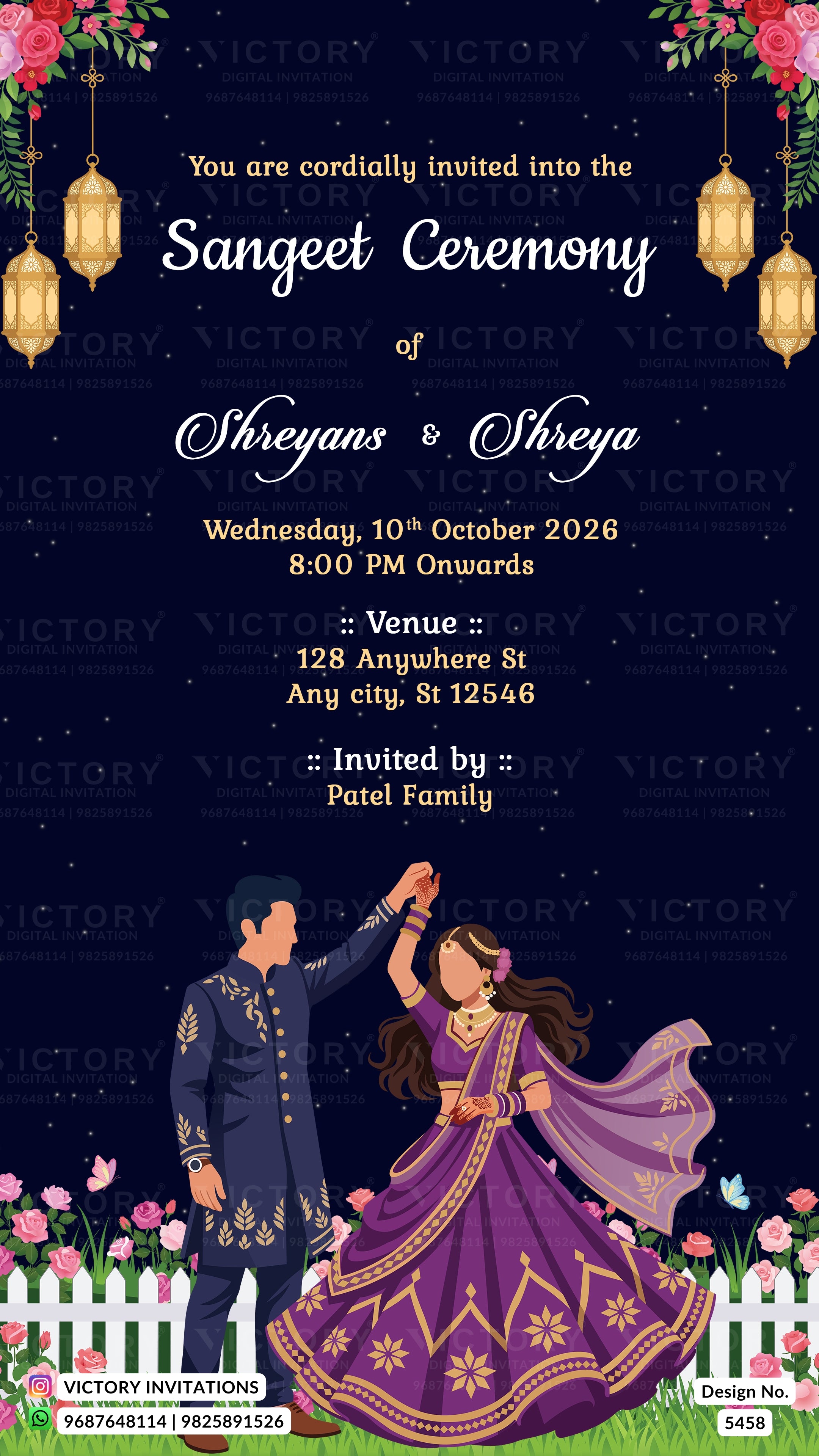 A digital invitation card for a Sangeet Ceremony, featuring a dark navy blue background with a starry night sky, hanging lanterns, and floral borders. The text details the event between Shreyans and Shreyana, with a cartoon illustration of a couple in traditional Indian attire dancing at the bottom.