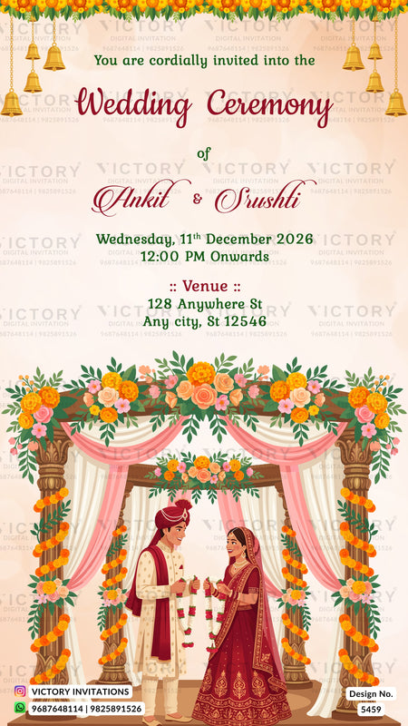 A digital template for a wedding invitation card featuring a traditional Indian theme. The top half contains elegant text in dark red and green on a light beige background, decorated with hanging gold bells and orange marigolds.