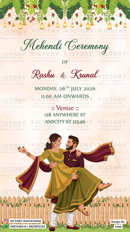 A digital Mehndi ceremony invitation card featuring a traditional Indian couple illustration at the bottom, with festive hanging bells and green leaves at the top, and event details in the center on a cream background with a light wood fence.