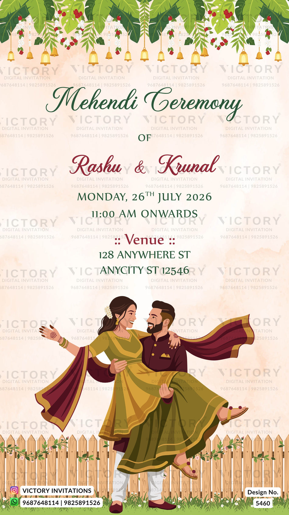 A digital Mehndi ceremony invitation card featuring a traditional Indian couple illustration at the bottom, with festive hanging bells and green leaves at the top, and event details in the center on a cream background with a light wood fence.