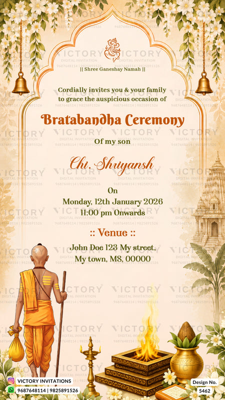 A digital Bratbandha Ceremony invitation card featuring a traditional Indian design with an arched frame, hanging bells, floral borders, and illustrations of a sage and a brass altar. The text details the event for 'Chi.
