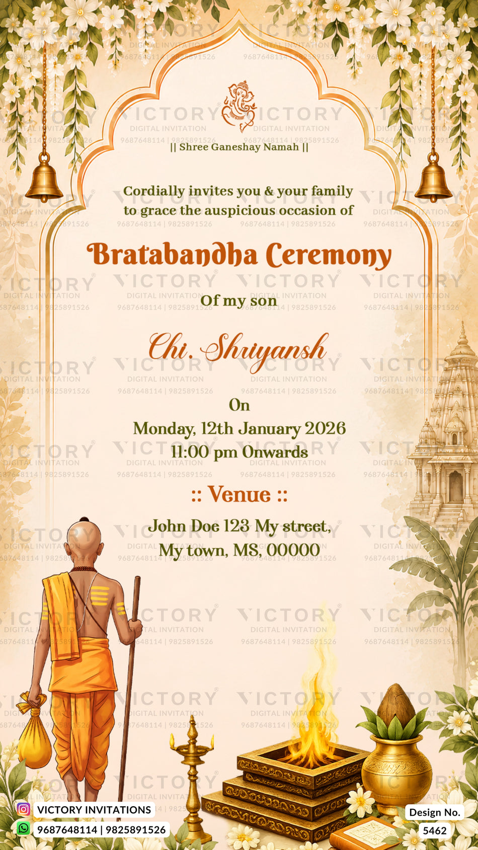 A digital Bratbandha Ceremony invitation card featuring a traditional Indian design with an arched frame, hanging bells, floral borders, and illustrations of a sage and a brass altar. The text details the event for 'Chi.