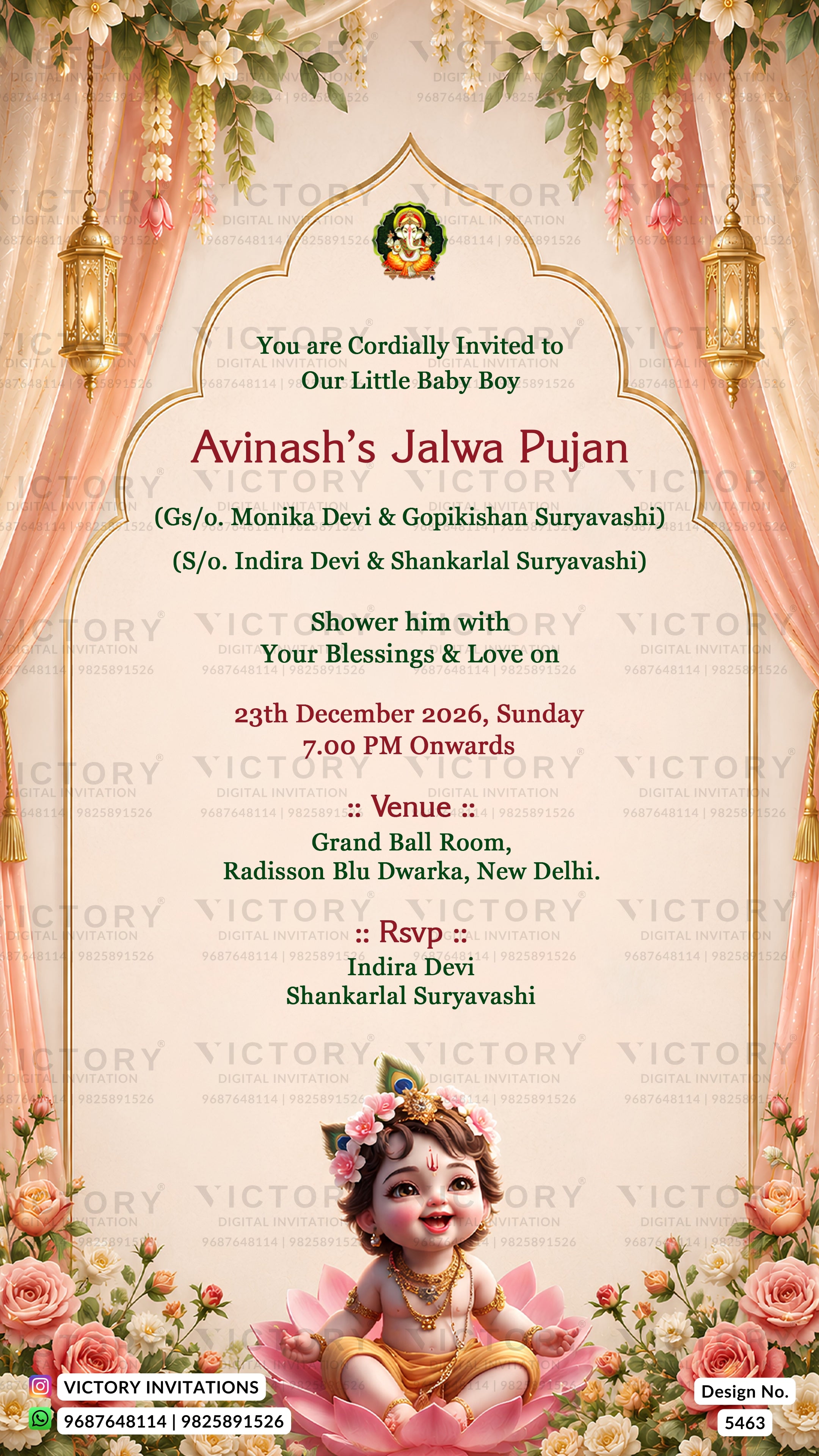 A festive baby shower invitation card for 'Avinash's Jalwa Pujan' featuring a cartoon illustration of Lord Krishna on a pink lotus, surrounded by pink drapery, hanging lanterns, and floral decorations. The text details the event date, time, and venue.