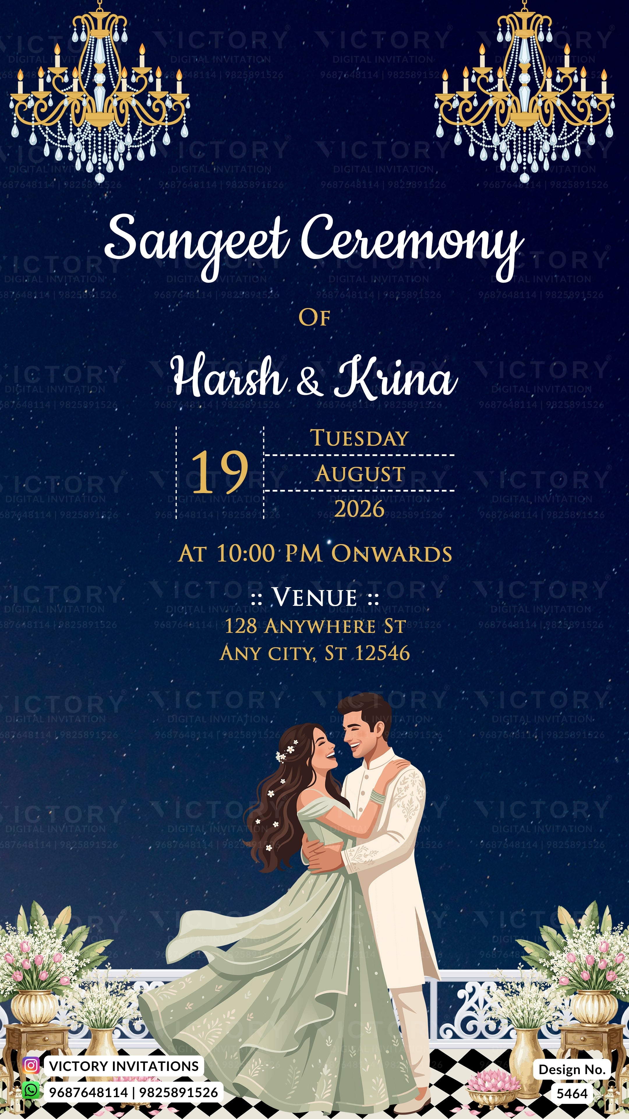 A digital invitation card for a Sangeet Ceremony of Harsh & Krina, dated Tuesday, August 19, 2026 at 10:00 PM. The design features a dark navy blue background with elegant white and gold typography, decorative chandeliers at the top, and an illustration of a bride in a flowing mint green gown and a groom in a white suit embracing with flowers at the bottom.