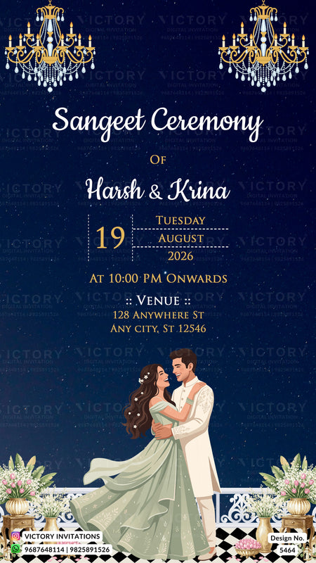 A digital invitation card for a Sangeet Ceremony of Harsh & Krina, dated Tuesday, August 19, 2026 at 10:00 PM. The design features a dark navy blue background with elegant white and gold typography, decorative chandeliers at the top, and an illustration of a bride in a flowing mint green gown and a groom in a white suit embracing with flowers at the bottom.