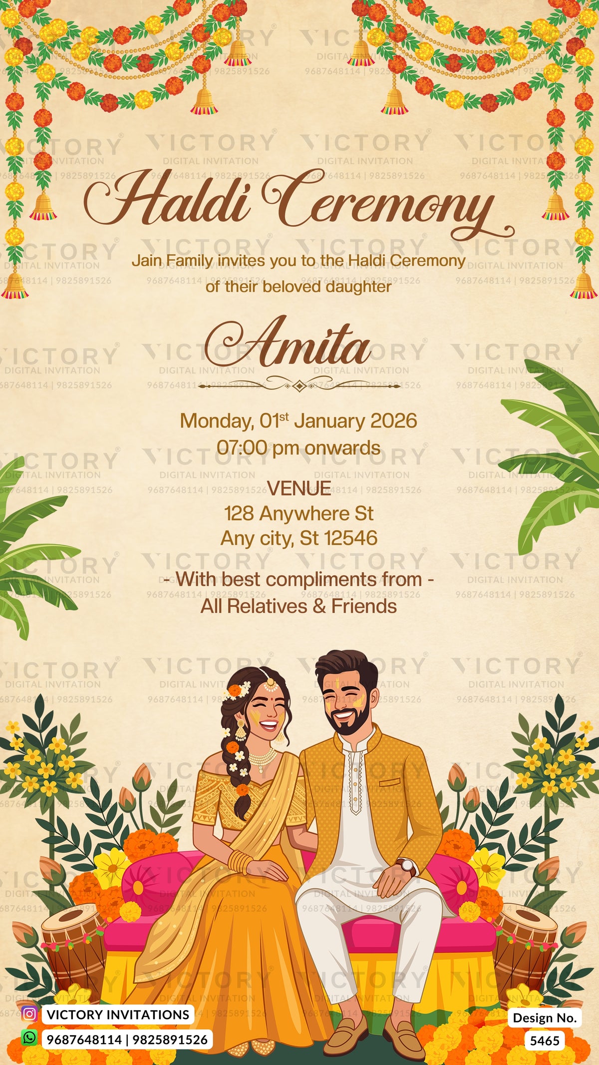 A festive Haldi Ceremony invitation card featuring a decorated top border with hanging bells and garlands, central text inviting guests to Amita's wedding, and an illustrated couple seated on a decorated platform at the bottom with flowers and musical instruments.