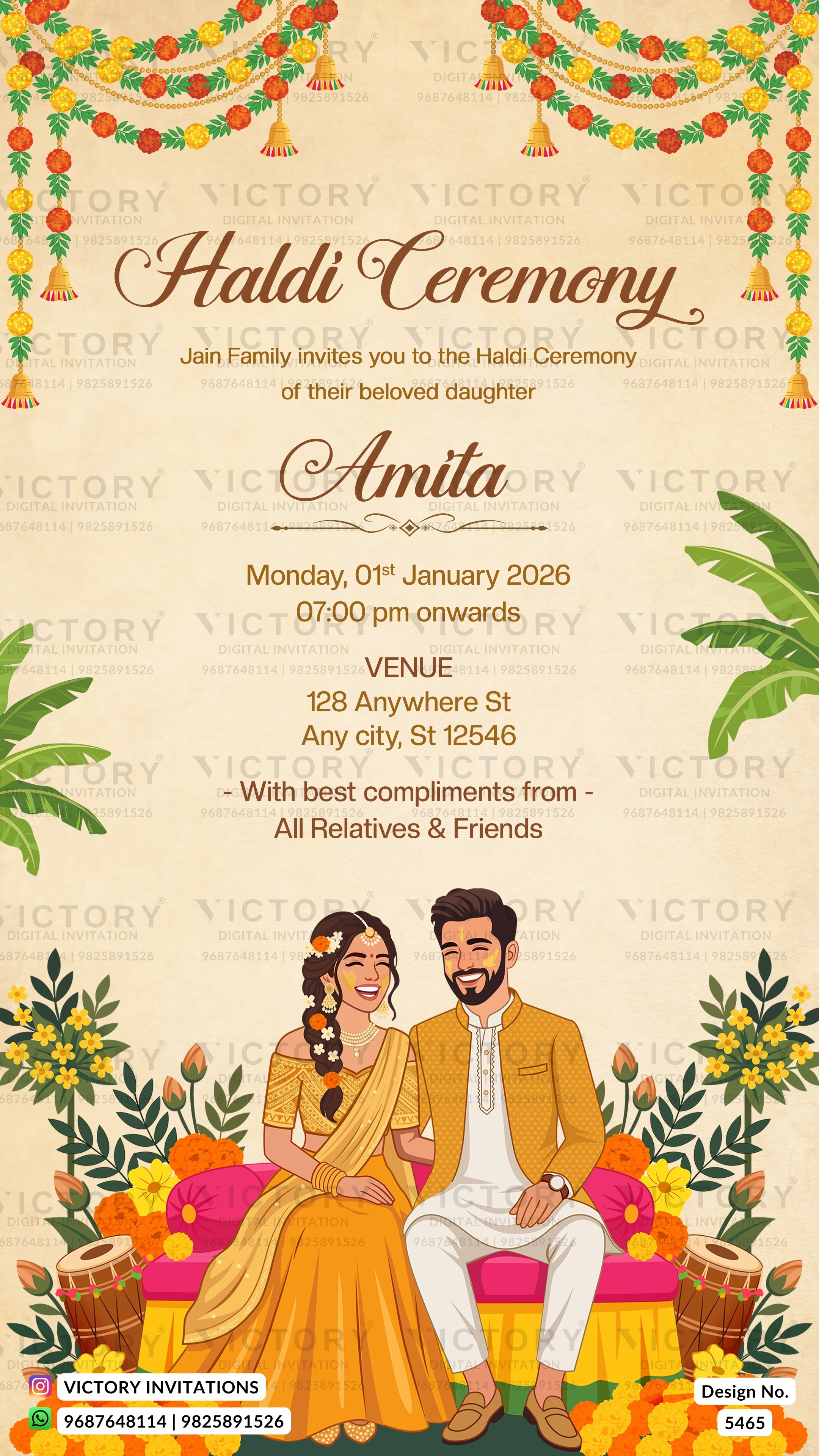 A festive Haldi Ceremony invitation card featuring a decorated top border with hanging bells and garlands, central text inviting guests to Amita's wedding, and an illustrated couple seated on a decorated platform at the bottom with flowers and musical instruments.