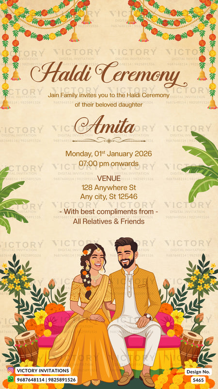 A festive Haldi Ceremony invitation card featuring a decorated top border with hanging bells and garlands, central text inviting guests to Amita's wedding, and an illustrated couple seated on a decorated platform at the bottom with flowers and musical instruments.