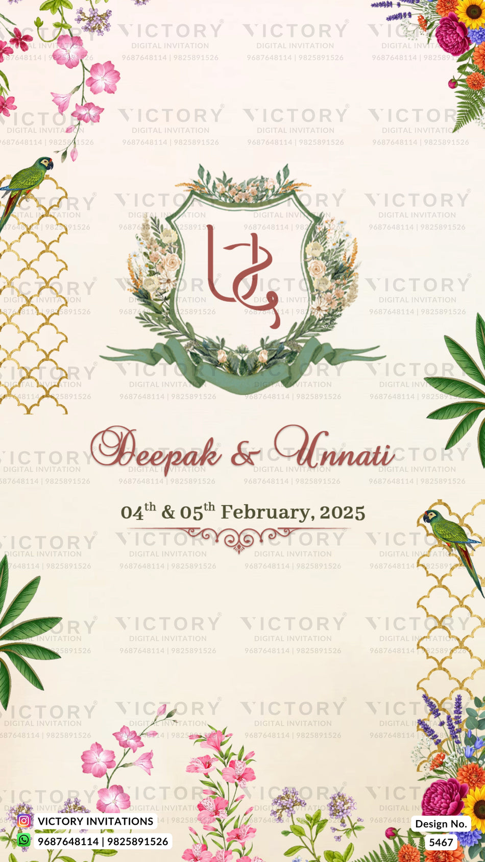 Wedding ceremony invitation card of hindu Indian Marwari family in english language with floral theme design 5467