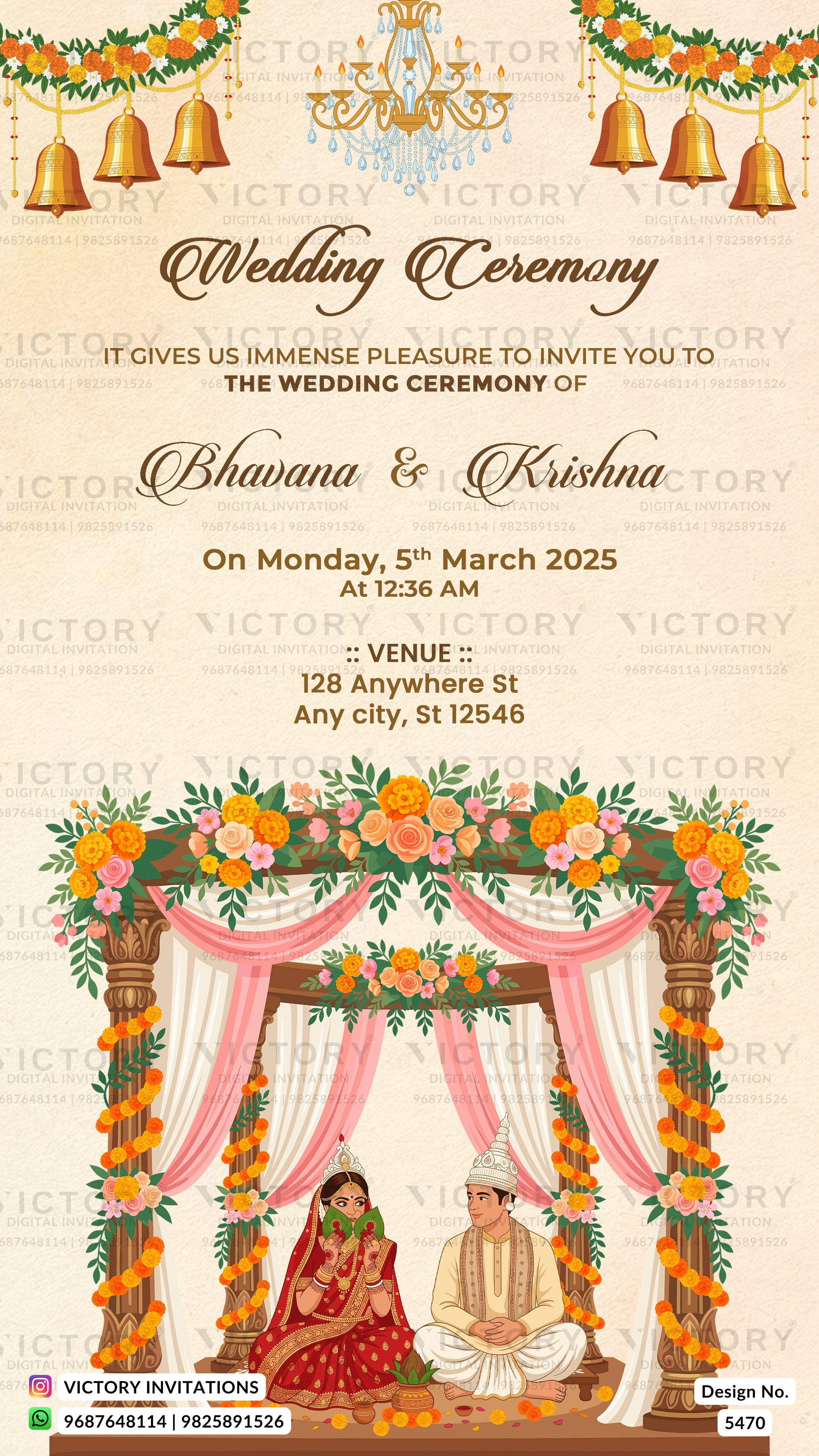 A digital invitation card design for a Hindu wedding ceremony, featuring elegant typography, decorative hanging bells, floral garlands, and an illustration of a bride and groom under a decorated arch.