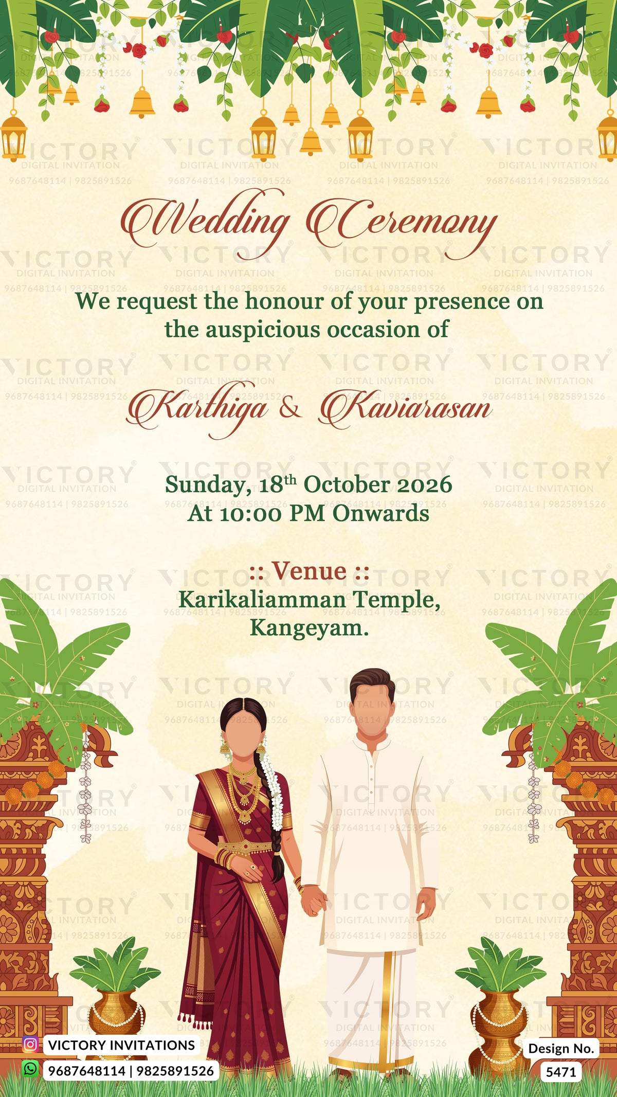 A digital template for a Tamil wedding ceremony invitation card, featuring a traditional design with green palm leaves, hanging bells, and lanterns at the top. The center contains event details in elegant red and black text on a cream background, with illustrations of a bride and groom standing in front of ornate temple pillars at the bottom.