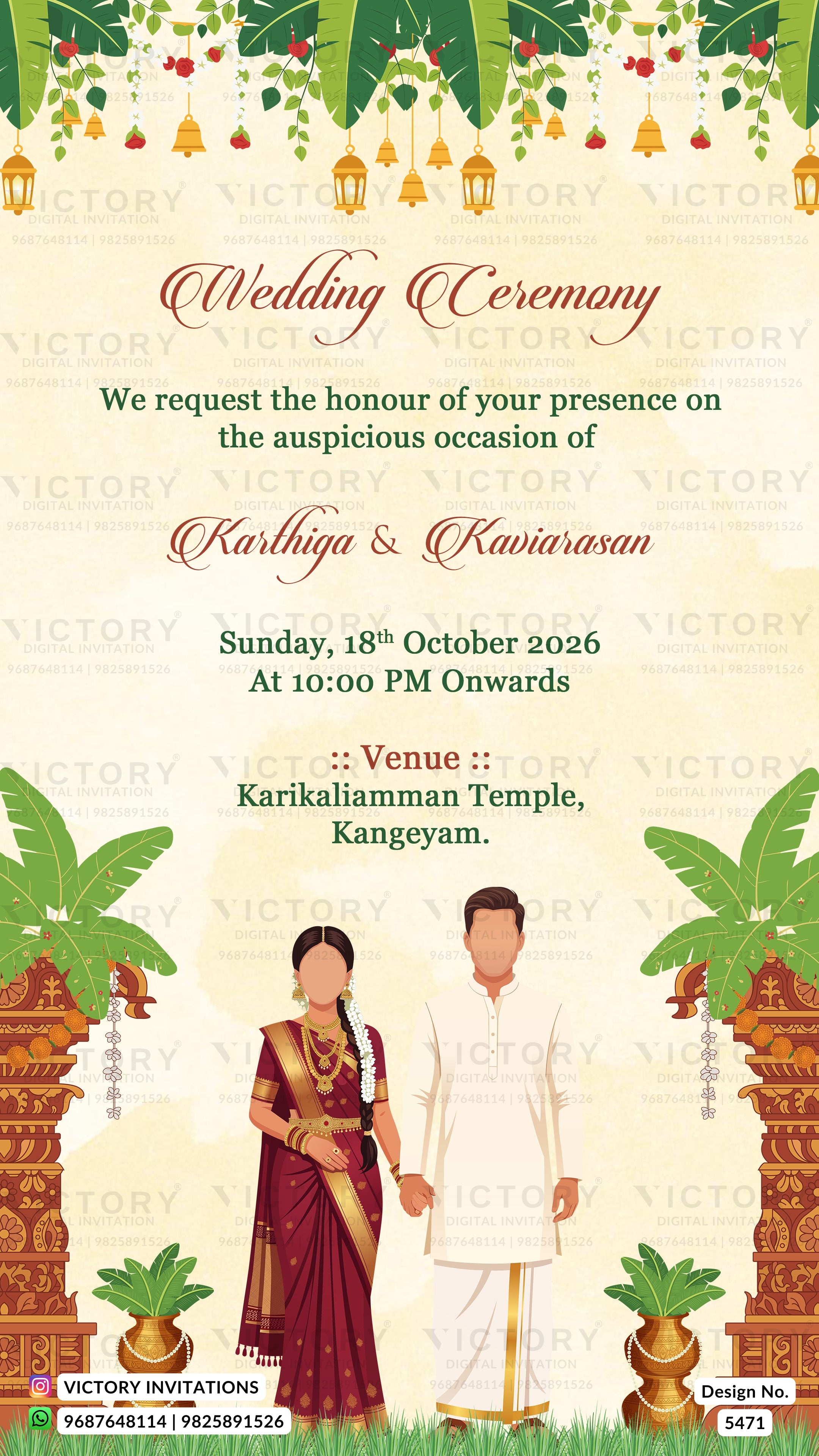 A digital template for a Tamil wedding ceremony invitation card, featuring a traditional design with green palm leaves, hanging bells, and lanterns at the top. The center contains event details in elegant red and black text on a cream background, with illustrations of a bride and groom standing in front of ornate temple pillars at the bottom.
