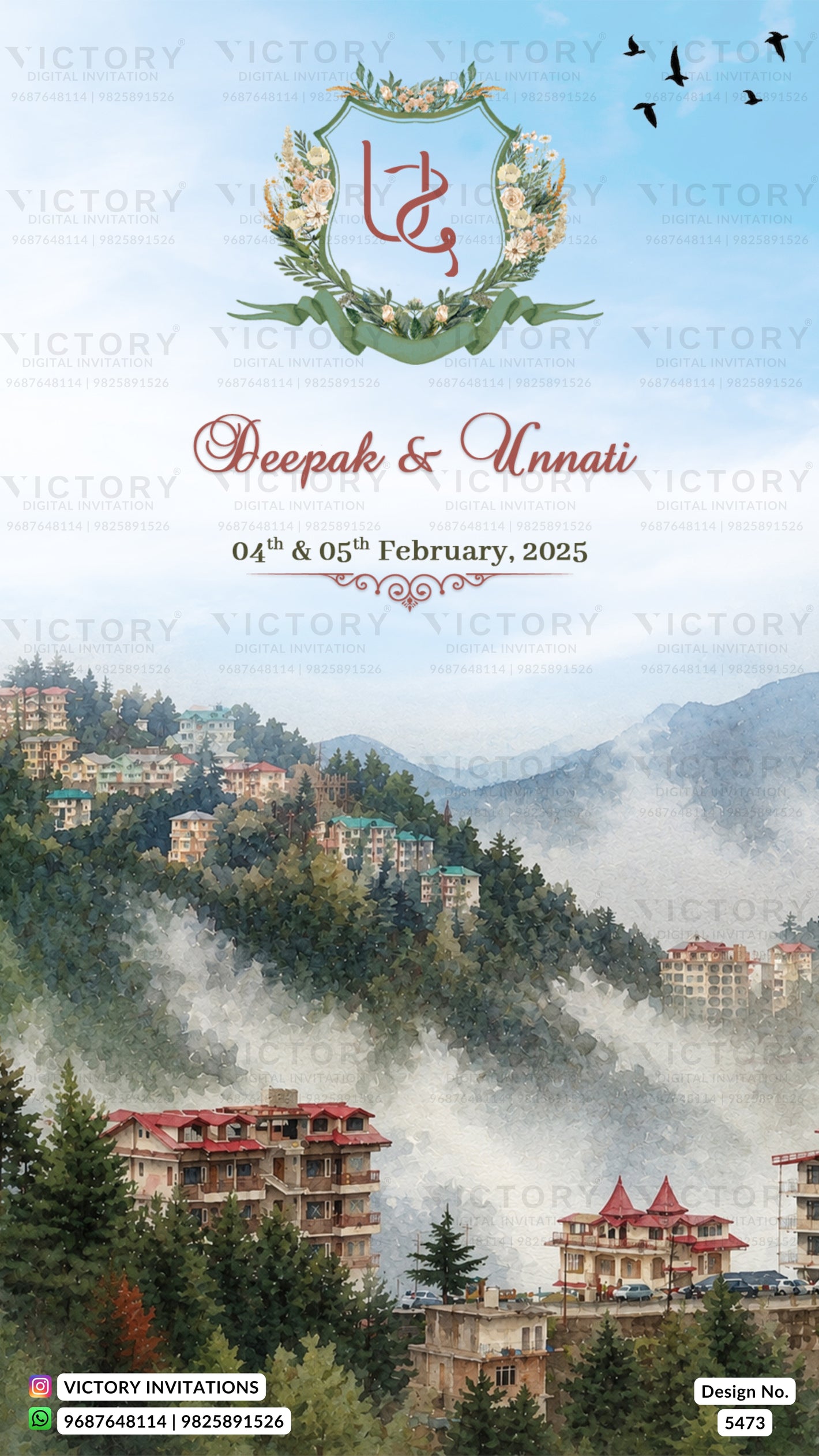 A wedding invitation card design featuring a scenic mountain village landscape with mist, green hills, and red-roofed buildings. The top portion has a decorative crest with Arabic script and the names 'Deepak & Unnati' with the date '04th & 05th February, 2025'.