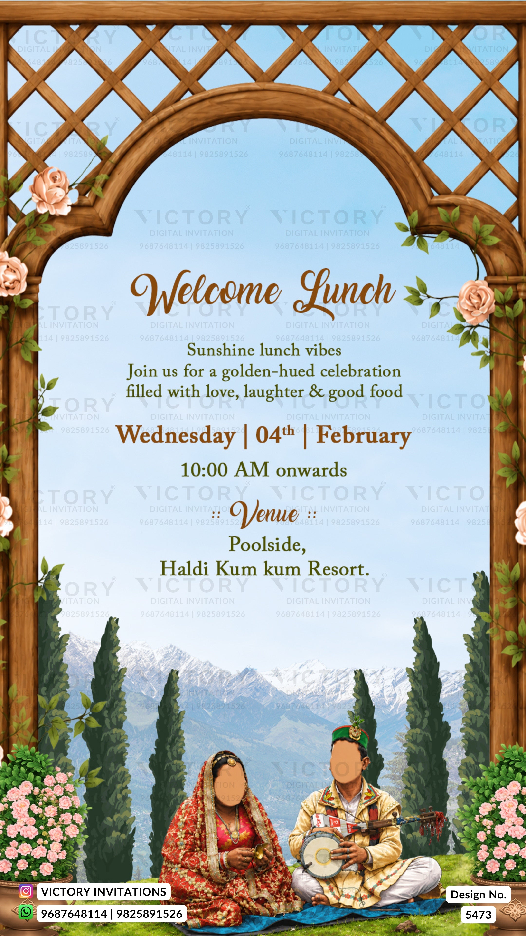 A festive wedding welcome lunch invitation card featuring a decorative wooden lattice arch, floral borders, and a scenic background of mountains and trees. The central text reads 'Welcome Lunch' with event details for a wedding celebration at Haldi Kum Resort.
