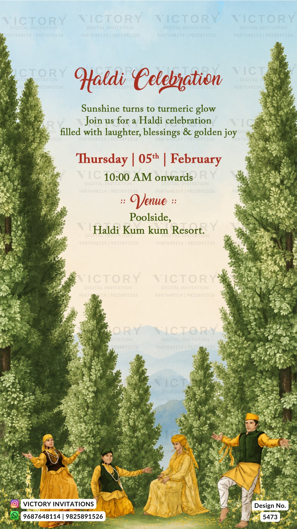A Haldi Celebration invitation card featuring an illustrated scene of men and women in traditional yellow and green attire dancing in a pine forest with mountains in the background. The text details the event date, time, and venue at Haldi Kum kum Resort.