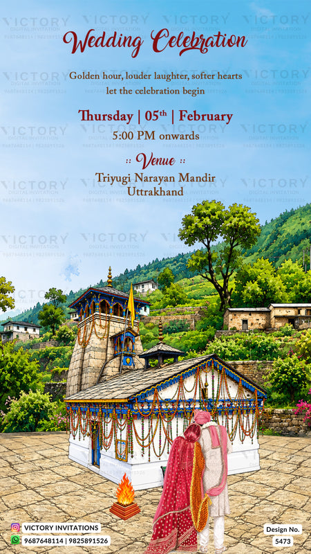 Wedding invitation card featuring a scenic illustration of a traditional Indian wedding ceremony at Triyugi Narayan Mandir, Uttarakhand. The top portion contains event details in elegant red and black text against a blue sky, while the bottom showcases a couple in traditional red and white attire standing before a decorated white and blue temple structure with a small fire (diya) burning in front.