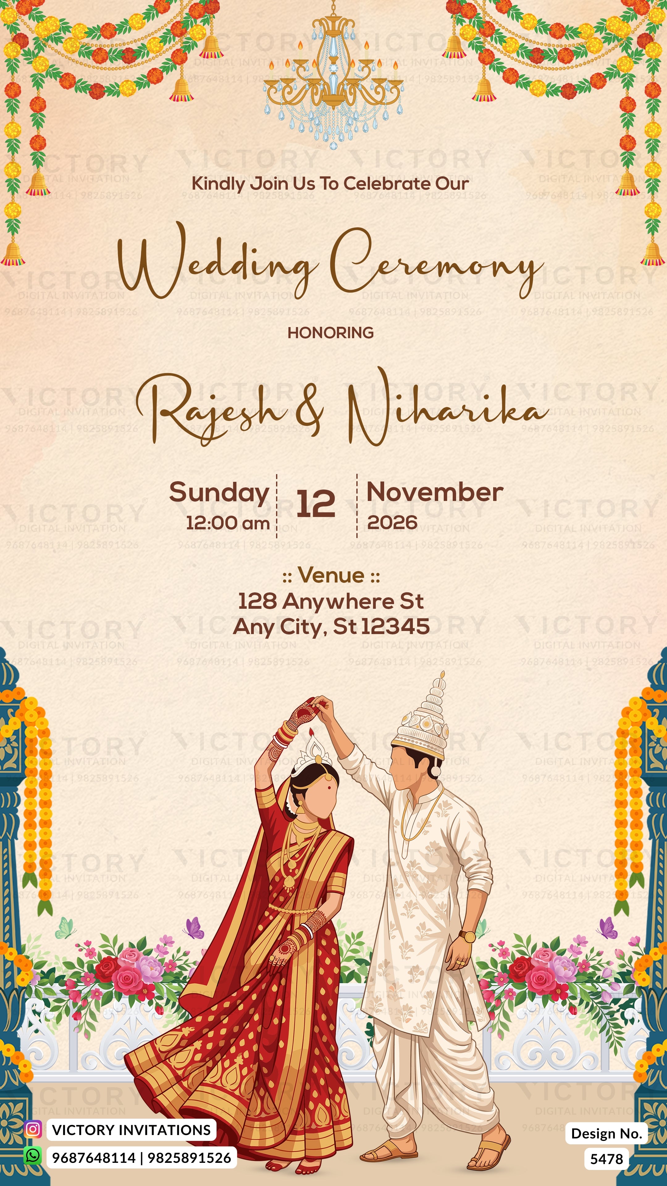 A wedding invitation card design with a warm cream background, decorated with traditional Indian motifs including garlands, a chakra emblem, and an illustration of a bride and groom at the bottom. The text reads 'Wedding Ceremony' and includes event details for Rajesh & Niharika on Sunday, 12 November 2026 at 12:00 pm.