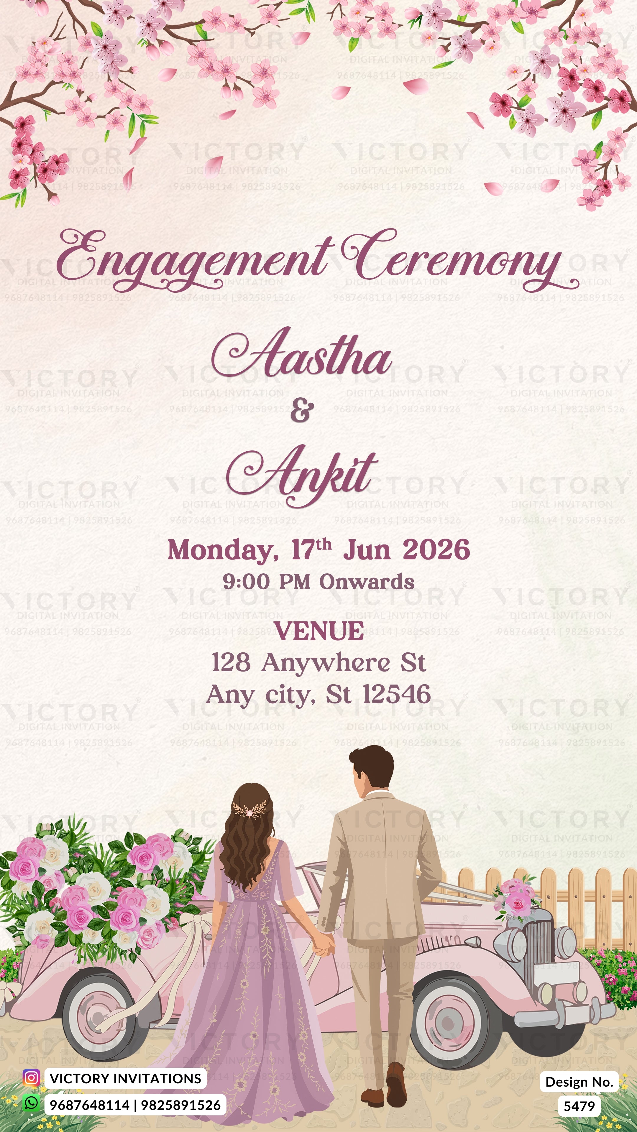 Engagement ceremony invitation card featuring a pink cherry blossom border, elegant purple text for 'Aastha & Ankit', and an illustration of a couple holding hands beside a pink vintage car with flowers.