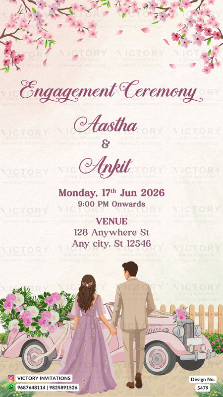 Engagement ceremony invitation card featuring a pink cherry blossom border, elegant purple text for 'Aastha & Ankit', and an illustration of a couple holding hands beside a pink vintage car with flowers.